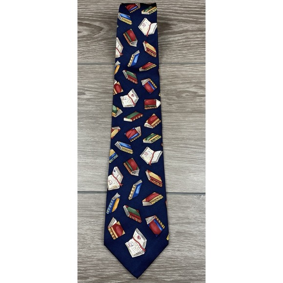 Alynn Neckwear Men's Vintage School "Required Reading " 100% Silk Tie Blue - Picture 2 of 6